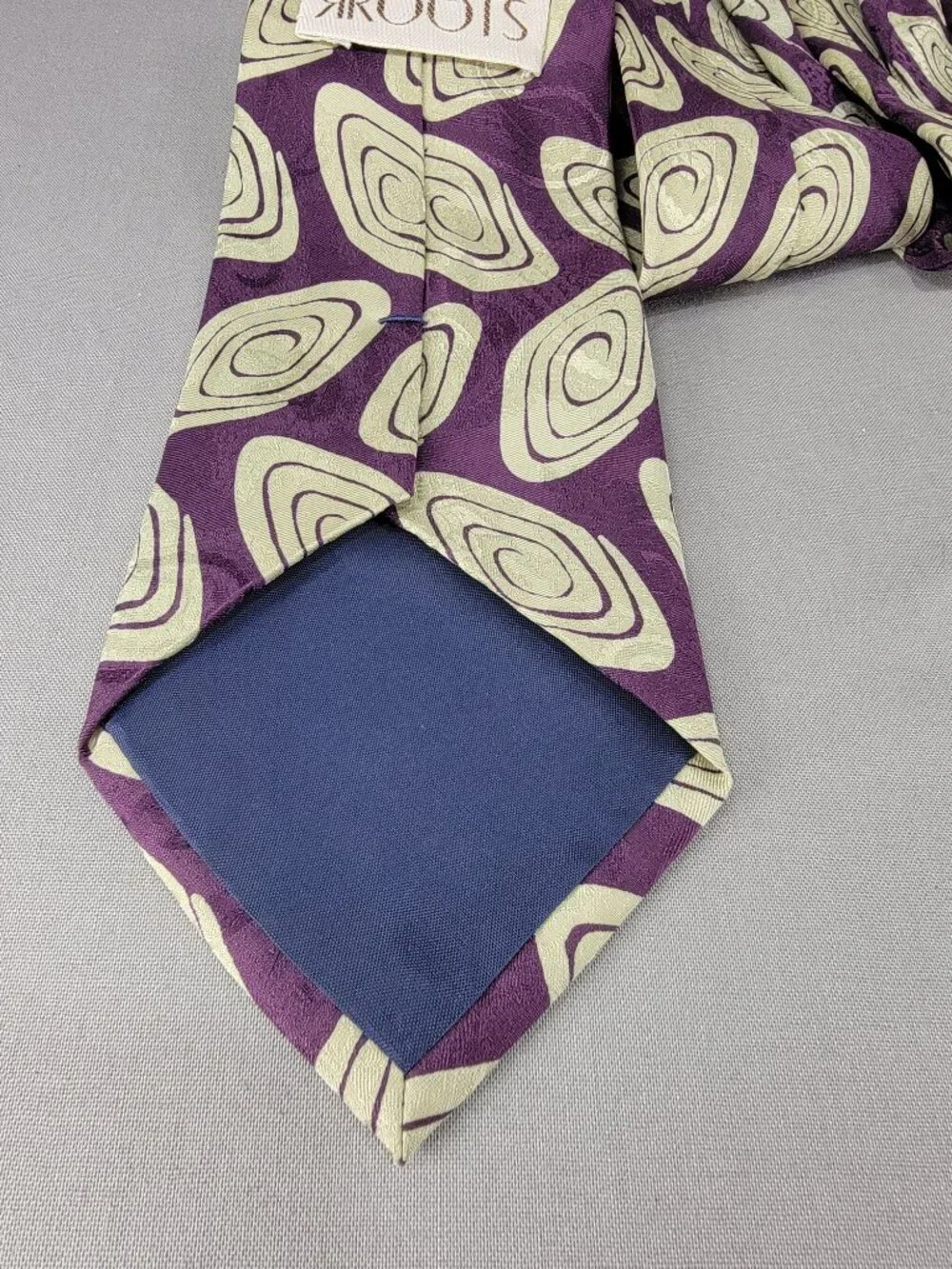 Vtg Roots Silk Necktie Tie Mens Burgundy Gray Abstract Print Hand Made